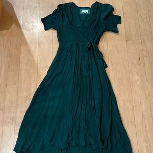 Maeve Anthro- Beautiful green wrap dress, v neck and slight high low hem.